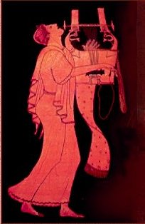 Image of youth playing lyre from
ancient Greek vase painting. Welcome. The poems on this page are primarily
lyric poems -- a term referring to the
lyre, a small harp to which ancient lyric poetry was
sung. Lyric poetry is still closely
connected to music.